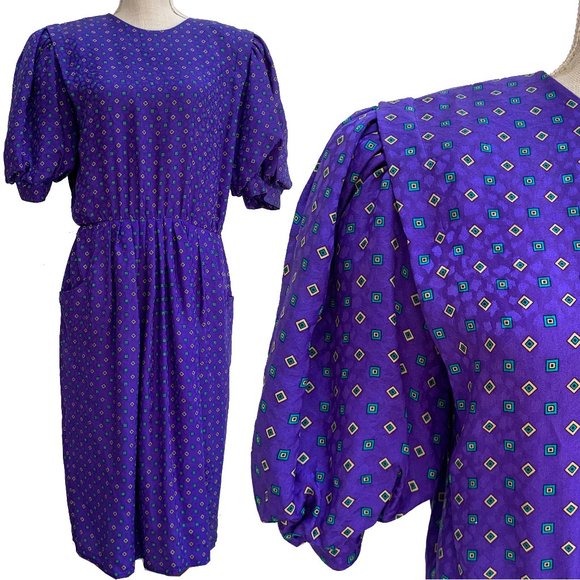 Vintage 80's Maggy London by Jeannene Booher Purple 100% Silk Dress - Picture 1 of 16